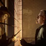 Un uomo con maschera e cappello, coltello in mano, affronta un altro uomo. Sento il diavolo in me.