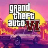 Logo di GTA 6 con un'auto d'epoca su uno sfondo tropicale al tramonto.