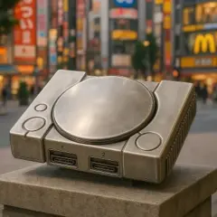 La prima PlayStation, simbolo di chi ha inventato questo iconico pezzo di storia videoludica, troneggia in una strada di Tokyo.