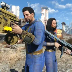 Coppia in tuta blu con armi post-apocalittiche, pronti per un **fallout 4 update**.