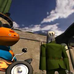 Un personaggio arancione su un veicolo con fiamme, di fronte a uno scheletro in giacca verde. Una scena di Grim Fandango, forse una soluzione per un enigma.