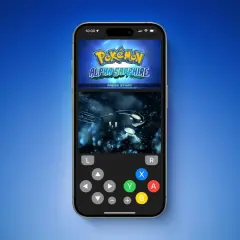 iPhone con emulatore Nintendo DS iOS che mostra Pokémon Alpha Sapphire, con controlli virtuali.