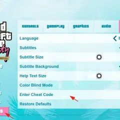 Menu opzioni di GTA Vice City Definitive Edition, con la sezione "Accessibilità" evidenziata e la voce "Inserisci Codice Trucco" visibile.