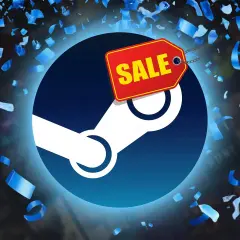 Il logo Steam con un'etichetta rossa "SALE" e coriandoli blu. Preparati per i prossimi saldi Steam!