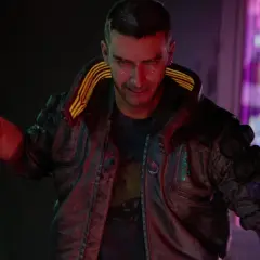 Un uomo con un'espressione sofferente, vestito in stile cyberpunk, con la mano insanguinata. Un'immagine che evoca la lotta per i **cyberpunk 2077 trofei**.