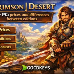 Guerriero con spada insanguinata nel **crimson desert**. Menu per prezzi, edizioni e bonus del gioco per PC.