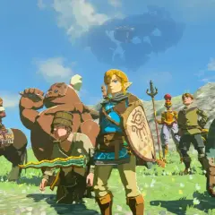 Link e compagni, con armature iconiche di Zelda Tears of the Kingdom, si preparano all'avventura sotto un cielo minaccioso.