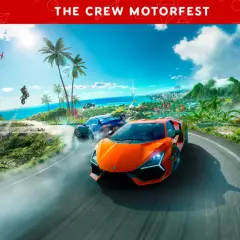 La recensione di The Crew Motorfest mostra auto sportive su un'isola tropicale, con moto e aerei sullo sfondo. Un 8 rosso indica il punteggio.