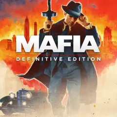 Mafia Definitive Edition recensione: un gangster con cappello e mitra, sullo sfondo una città e un'auto d'epoca.