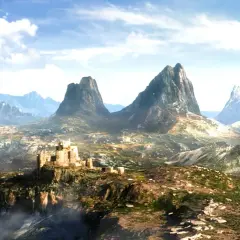 Paesaggio epico con un castello su una scogliera, montagne imponenti e un cielo azzurro. L'ambientazione perfetta per The Elder Scrolls 6.