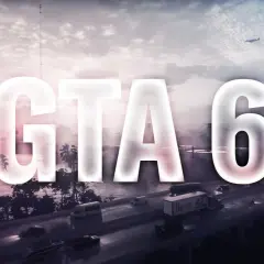 Il logo di GTA 6 su uno sfondo di città nebbiosa con traffico e un aereo in cielo. L'attesa per il gioco su PlayStation 5 è alta.