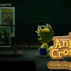 Un personaggio di Animal Crossing ammira la Gioconda, mentre il volpolo Rino, esperto d'arte, osserva.