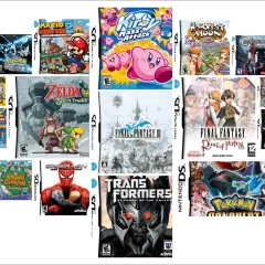 Raccolta di copertine dei migliori giochi DS: Pokémon, Zelda, Final Fantasy, Kirby, Sonic e altri ancora.