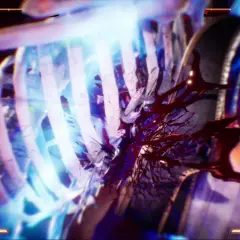 Un terrificante mortal kombat fatality: le costole si frantumano sotto un fascio di luce blu, rivelando un interno sanguinolento.