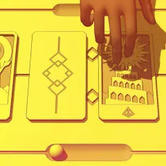 Mano che sfiora carte con simboli stilizzati, forse un riferimento al gioco "Chant of Sennaar".