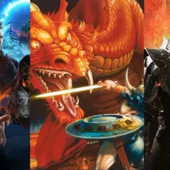 Un guerriero affronta un drago, mentre altri personaggi fantasy si preparano per un epico d&d gioco online.