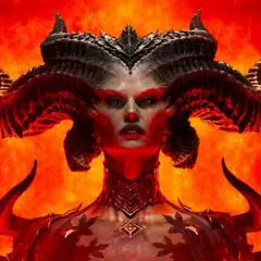 La figura demoniaca con corna imponenti domina uno sfondo infuocato, un'immagine iconica per la **diablo 4 recensione**.