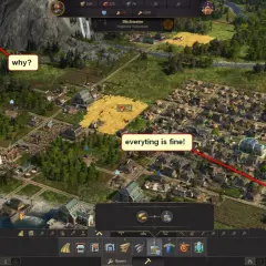 Anno 1800 recensione: una città prospera con campi dorati e case ordinate. La soddisfazione dei lavoratori è alta, tutto procede bene.