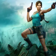 Lara Croft, pronta per la prossima avventura Tomb Raider, con pistole in mano, in un'ambientazione giungla con cascate e rovine antiche.