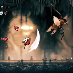 Hornet in azione, in attesa di quando esce Hollow Knight Silksong. Combattimento frenetico con nemici rossi e un'arma affilata.