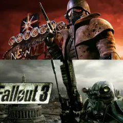 Due guerrieri post-apocalittici, uno con un'iconica insegna di benvenuto di Fallout 3 remastered sullo sfondo, l'altro con il logo di Fallout 3.