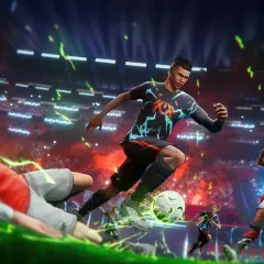Giocatori in azione in uno stadio, pronti a segnare. L'uscita del nuovo gioco di calcio è imminente!