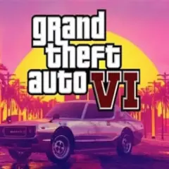 Logo di GTA 6 con un'auto d'epoca su uno sfondo tropicale al tramonto.