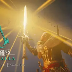 Eivor brandisce Excalibur, la leggendaria spada di Assassin's Creed Valhalla, sotto raggi dorati.