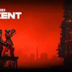 La recensione di The Ascent: tre guerrieri cyberpunk si preparano alla battaglia su uno sfondo rosso fuoco, con un grattacielo illuminato da un logo al neon.