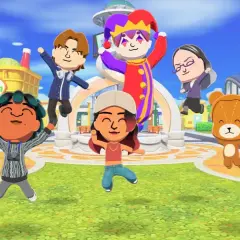 Un gruppo di personaggi colorati, tra cui un clown e un orsetto, salta felice in una piazza vivace, un'anteprima di Tomodachi Life 2.