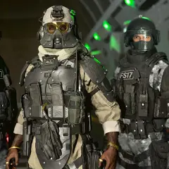 Squadra di operatori tattici pronti all'azione in DMZ, Call of Duty. Equipaggiamento pesante e sguardo determinato.