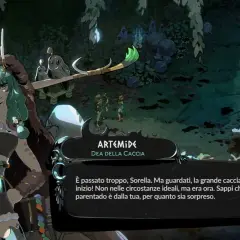 Artemide, dea della caccia, parla in questo screenshot di Hades 2 per PS5. La sua frase suggerisce un'avventura imminente.