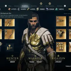 Interfaccia di Assassin's Creed Odyssey: inventario con Orichalcum Ore, statistiche del personaggio e equipaggiamento.