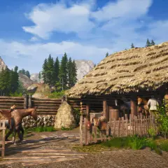Scena di vita rurale in Medieval Dynasty: recensione del gioco con cavalli e fienile sotto montagne maestose.