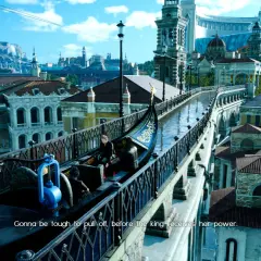 Gladiolus su una gondola a Insomnia, un momento chiave nella recensione di Final Fantasy XV.