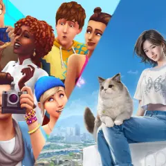 Sims felici con biscotti e fotocamere, un gatto e una ragazza sotto un cielo azzurro. Un'anteprima di The Sims Switch.