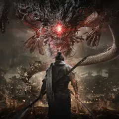 Guerriero solitario affronta un drago terrificante sopra un villaggio in fiamme. Una scena epica che promette una wo long recensione intensa.