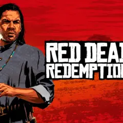 Un uomo con lunghi capelli neri e una collana di perline turchesi si prepara a sparare. Il logo "RED DEAD REDEMPTION III" campeggia sullo sfondo rosso fuoco.