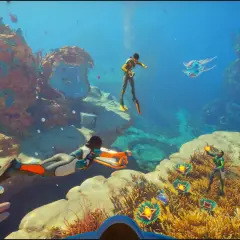 Subacquei esplorano un mondo alieno colorato, raccogliendo risorse in questo gioco di sopravvivenza.