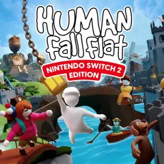 Personaggi buffi di Human Fall Flat Nintendo Switch 2 Edition si muovono in un mondo colorato tra castelli e cascate.