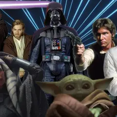 Un gruppo di eroi e cattivi di Star Wars, tra cui Darth Vader, Han Solo, Leia, Obi-Wan, Mace Windu, Ahsoka Tano e Grogu.