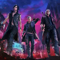 I tre protagonisti di Devil May Cry 5, Dante, Nero e V, avanzano in una città notturna con un cielo viola e fiamme che danzano.