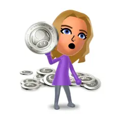 Mii con una moneta di punti platino Nintendo in mano, circondato da altre monete.