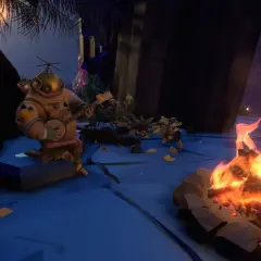 Un personaggio con tuta da sub suona il banjo vicino a un falò. Un'atmosfera che ricorda la recensione di Outer Wilds.