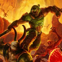 Il Doom Slayer combatte demoni infernali in un paesaggio apocalittico. Un'immagine perfetta per una doom eternal recensione.