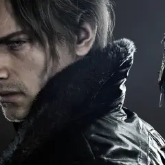 Leon Kennedy, protagonista di Resident Evil, con un'espressione intensa e un giubbotto di pelle con pelliccia.