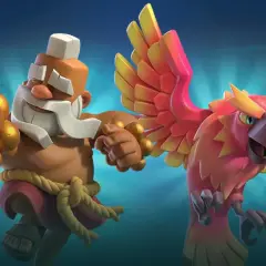 Un monaco con una mano alzata e un fenice fiammeggiante, due campioni di Clash Royale pronti alla battaglia.