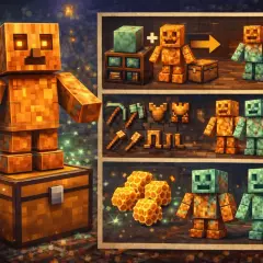 Un golem di rame di Minecraft, con dettagli scintillanti, accanto a casse e attrezzi. La sua trasformazione in rame ossidato è visibile.