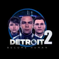 I volti di Kara, Connor e Markus emergono da un cerchio blu, con il logo "DETROIT BECOME HUMAN 2" in primo piano.