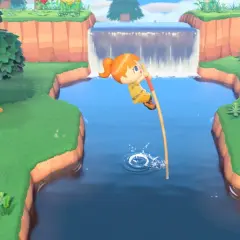 Personaggio salta un fiume con un bastone, mostrando come si gioca ad Animal Crossing.